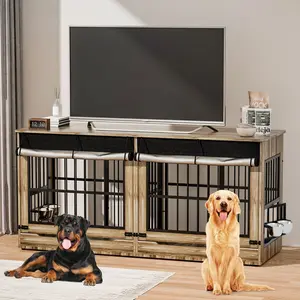 [2 Carton]78" Heavy Duty Indestructible Extra Large Dog Crate with Divider – Double Door Indoor Wooden Kennel, Removable Divider & 360° Swivel Bowls, Reinforced Steel Bars for Extra Large Dogs or Two Medium-Large Dogs