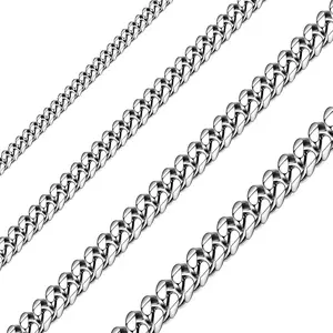 Solid Stainless Steel Cuban Chain Necklace for Men and Women Waterproof Curb Link Necklace Chain-Widths 3.5mm 5mm 7mm 9mm-Chain Lengths 16"-36"