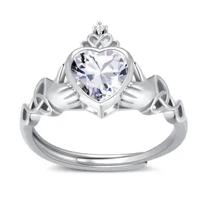 Presentski Claddagh Heart Shape Birthstone Rings,925 Sterling Silver Adjustable Traditional Irish Wedding Ring Promise Eternity Bands, Sterling Silver, Cubic Zirconia