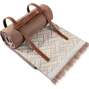 Large Waterproof 2-in-1 Foldable Outdoor Blanket, Double-Layer Sandproof Beach Mat with Tassels & Carry Strap for Camping, Lawn (Khaki)