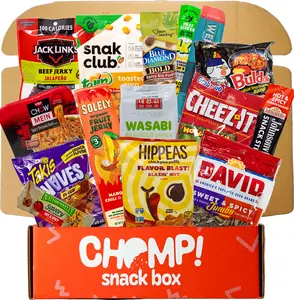 CHOMP Snacks - 16 Pack: Crunchy Spicy Nuts, Beef Jerky, Chips, Noodles Savory Set