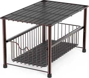 Stackable Under Sink Organizer with Sliding Basket, Bronze Metal Storage Shelf for Kitchen & Bathroom Cabinets