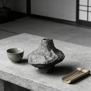 Raw Stone Texture Handmade Ceramic Vase | 18.5cm Wide Matte Black Gray Art Decor. Wabi-sabi inspired rugged sculpture for dried branches or standalone display. Unique hammered finish fits industrial, minimalist, Nordic, or modern rustic homes. Perfect for