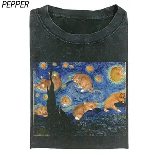 Starry Night Cat Shirt, Van Gogh Cat Art Tee, Sleeping Orange Cat Graphic Shirt, Cat Lover Gift, Museum Aesthetic T-Shirt Womenswear Top