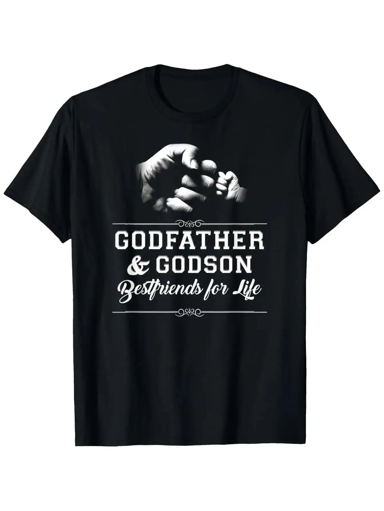 Crew Neck Short Sleeve T-Shirt with a Single Side Print Featuring a Cool Godfather And Godson Fist Bump Theme Perfect for Family Gatherings. Available in Sizes S to XXXL
