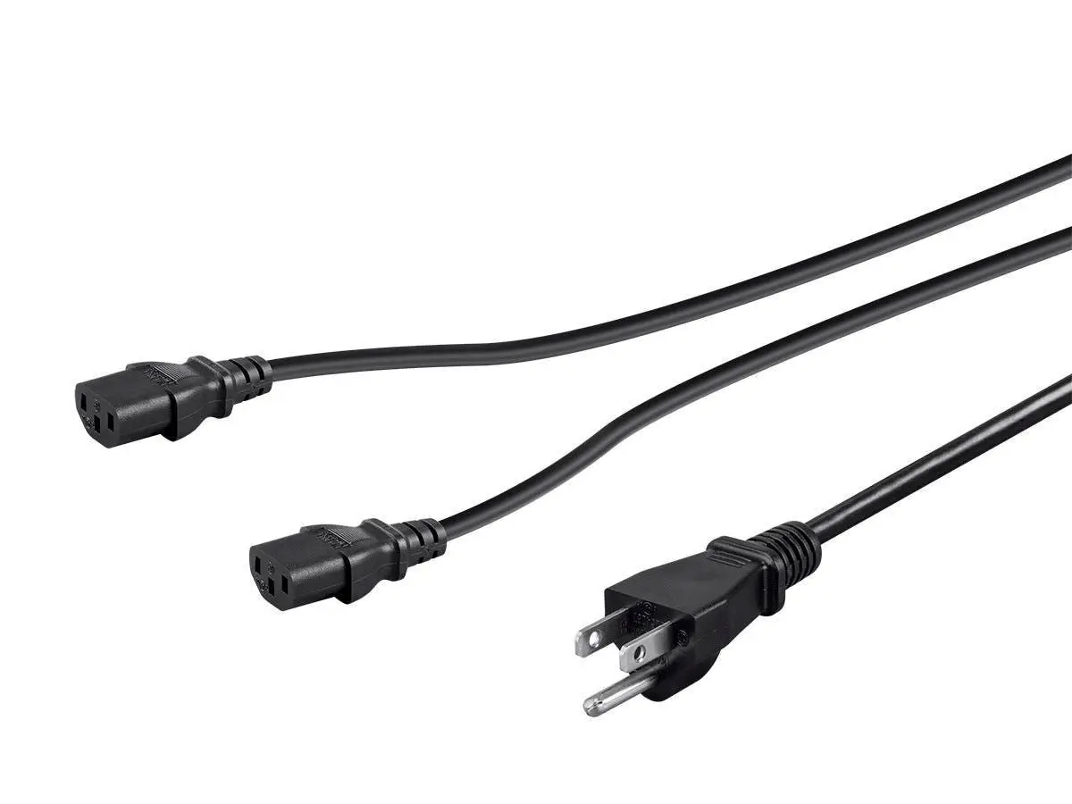 Monoprice 41089 Power Cord Splitter Cable - 3 ft, 1250W, 18AWG, 10A, NEMA 5-15P to 2x IEC 60320 C13, SJT, Black, Iec C13