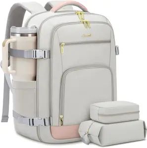 LOVEVOOK Travel Backpack For Women, 40L Carry On Backpack Flight Approved, TSA Personal Item Travel Bag Fits 17 Inch Laptop, Business Weekender Overnight Waterproof Daypack With 2 Cubes, Grey-Pink