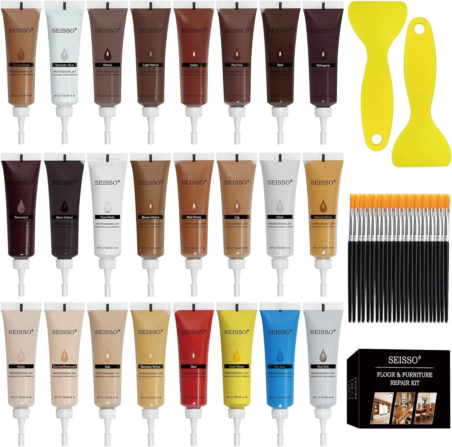 SEISSO Wood Furniture Repair Kit and Filler - 24 Set of with Brushes Plastic Scraper Any Color for Stains, Scratches, Tables, Wooden Floors, Carpenters Surface