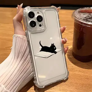 Black Cat Book Cute Transparent Phone Case for iPhone 17, 16, 15, 14, 13, 12 / iPhone 16, 15, 14 Plus / iPhone 17, 16, 15, 14, 13, 12 Pro / iPhone 17, 16, 15, 14, 13, 12 Pro Max / iPhone 17 Air / iPhone 11 / 11 Pro Max, Shockproof Soft Back Cover