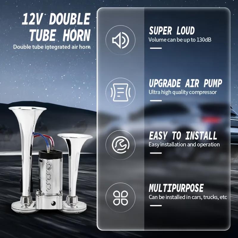 12V 130DB Dual Trumpet Air Horn Kit – Zinc Alloy Chrome, Super Loud with Compressor – Universal for Car/Truck/SUV/Boat/Motorcycle