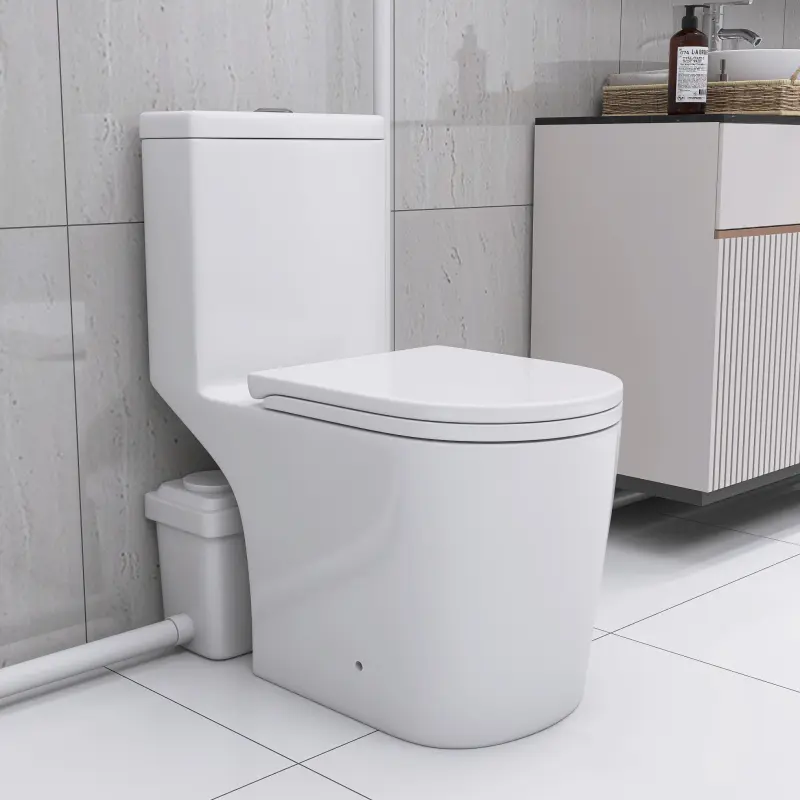 Modern Porcelain Upflush Macerator Toilet System for Basement, 600W Powerful Dual Flush, 17.25in ADA-Height Elongated Bowl, Soft-Close Seat, 3 Water Inlets for Sink/Shower, White WL, Easy Installation