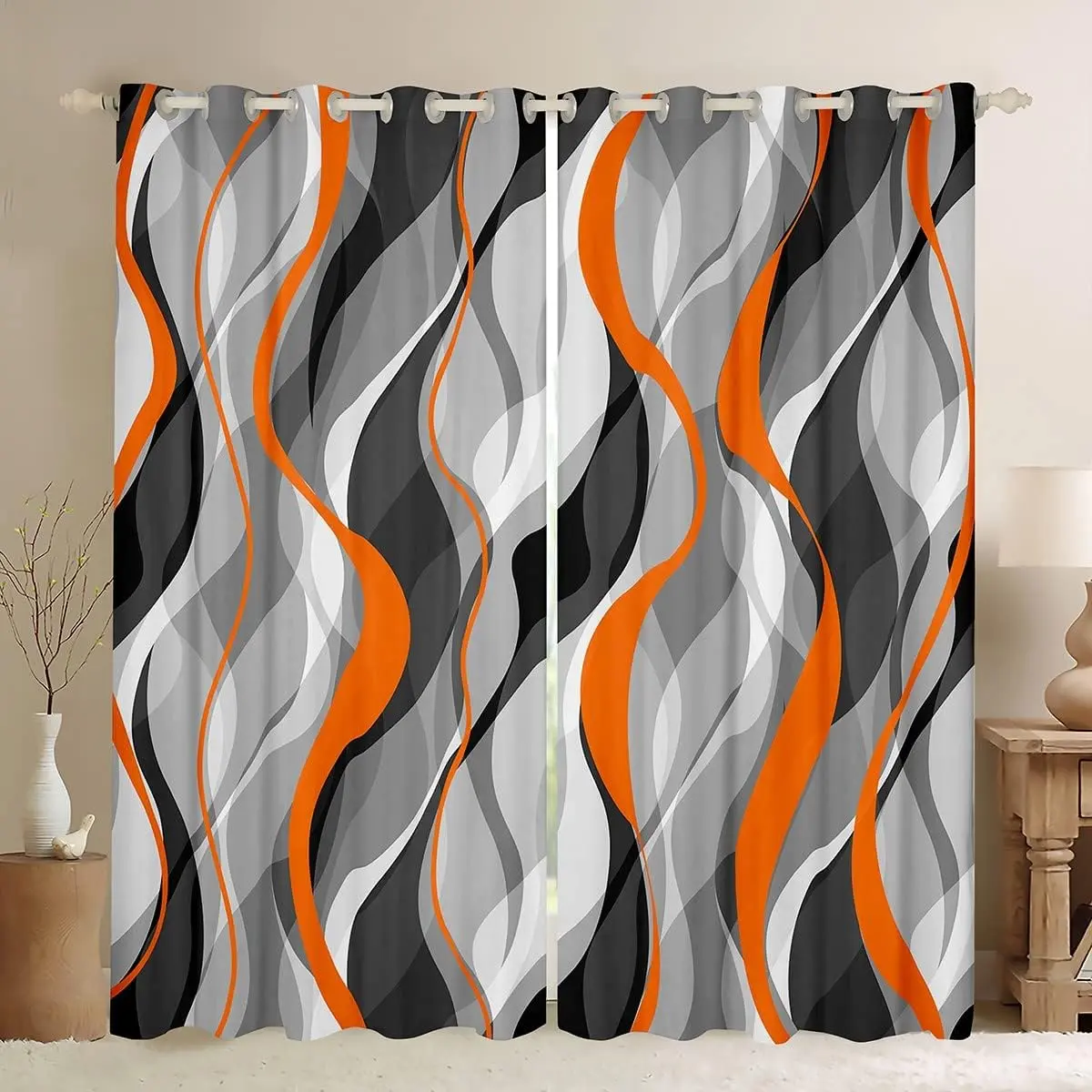 Feelyou Orange-Grey-Black Striped Blackout Grommet Curtains - Colorful, Bold Pattern Blocking Curtains for Home Decoration, Bedroom, Living Room, Colorful Curtains