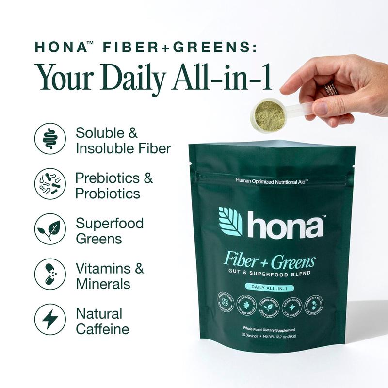 Hona Fiber + Greens – 8g of Fiber Per Serving to Promote Digestive Regularity, Reduce Bloating, and Support a Healthy Gut Microbiome - Enhanced with Pre & Probiotics, Chlorophyll, and Super Greens for Clean Energy, Immune Support, and Daily Vitality