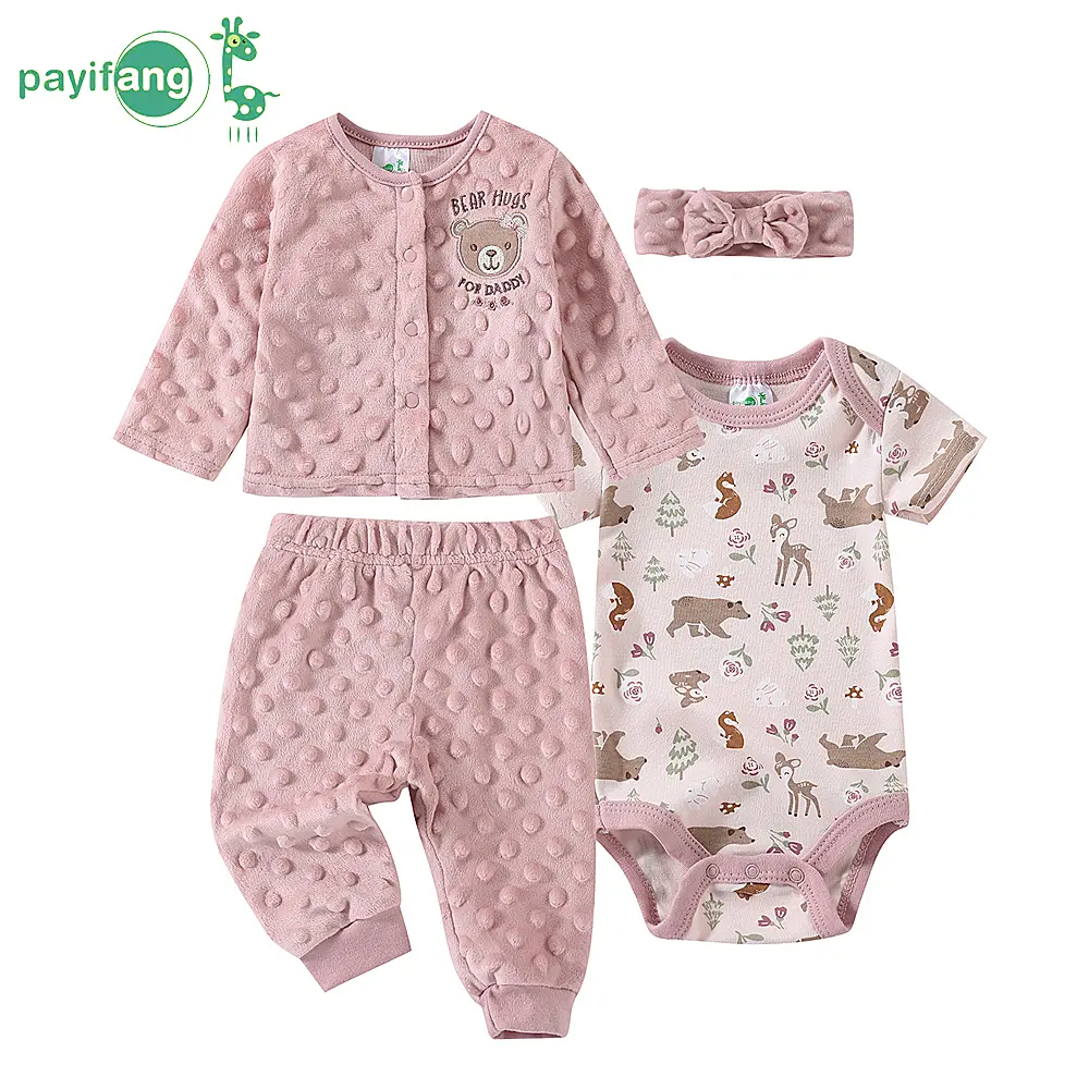 4-piece set of winter and autumn baby girls' triangular one-piece outfits, cute cartoon style, velvet material, long-sleeved coat, hair tie, baby girl's long pants set, suitable for spring and autumn clothing.