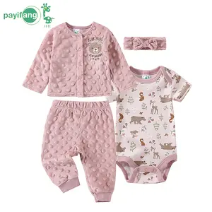 4-piece set of winter and autumn baby girls' triangular one-piece outfits, cute cartoon style, velvet material, long-sleeved coat, hair tie, baby girl's long pants set, suitable for spring and autumn clothing.