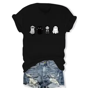 Womens Halloween Cat Graphic Short Sleeve Cotton T Shirt Cute Spooky Black Cat Print Casual Soft Crew Neck Tee For Fall Outfit Pumpkin Patch Party