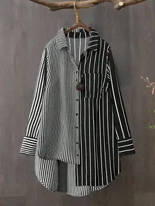 Women's Plus Size Striped Button Down Shirt Collared Asymmetrical Color Block Long Sleeve Blouse High Low Hem Loose Fit Anti-Cling Casual Work Trendy