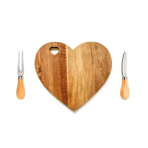 Valentine's Day Heart-Shaped Wooden Cheese Board Set, Includes Knife and Fork, Creative Gift Packaging, Home Bread Board, Snack Platter, Wooden Cutting Board