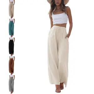 Women's cotton and linen summer pants, flowing wide legged beach pants with pockets, casual women's clothingRAIMENTRY