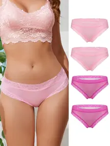 4-Pack Fashion Women's Lace Patchwork Print Underwear Set, Heart Strawberry Butterfly Petal Prints, Sexy Comfortable Soft Ladies Lingerie