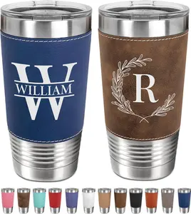 20oz Leather Tumbler with Name and Logo, Personalized Stainless Steel Insulated Travel Mug Included Engraving, Custom Travel Mug for Hot & Cold Drinks, Vacuum Insulated