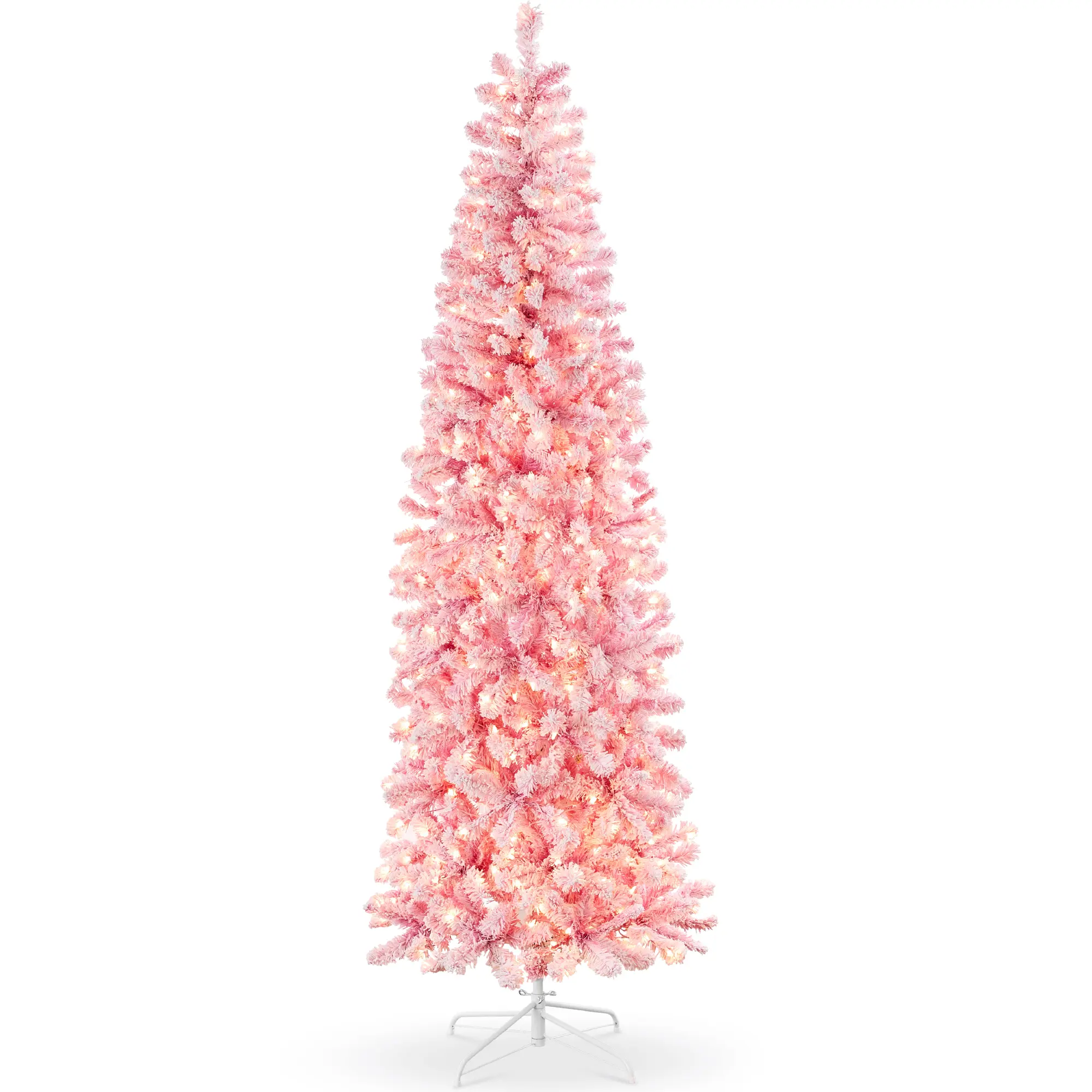 Best Choice Products Pink Pre-Lit Artificial Snow Flocked Pencil Christmas Tree Holiday Decoration