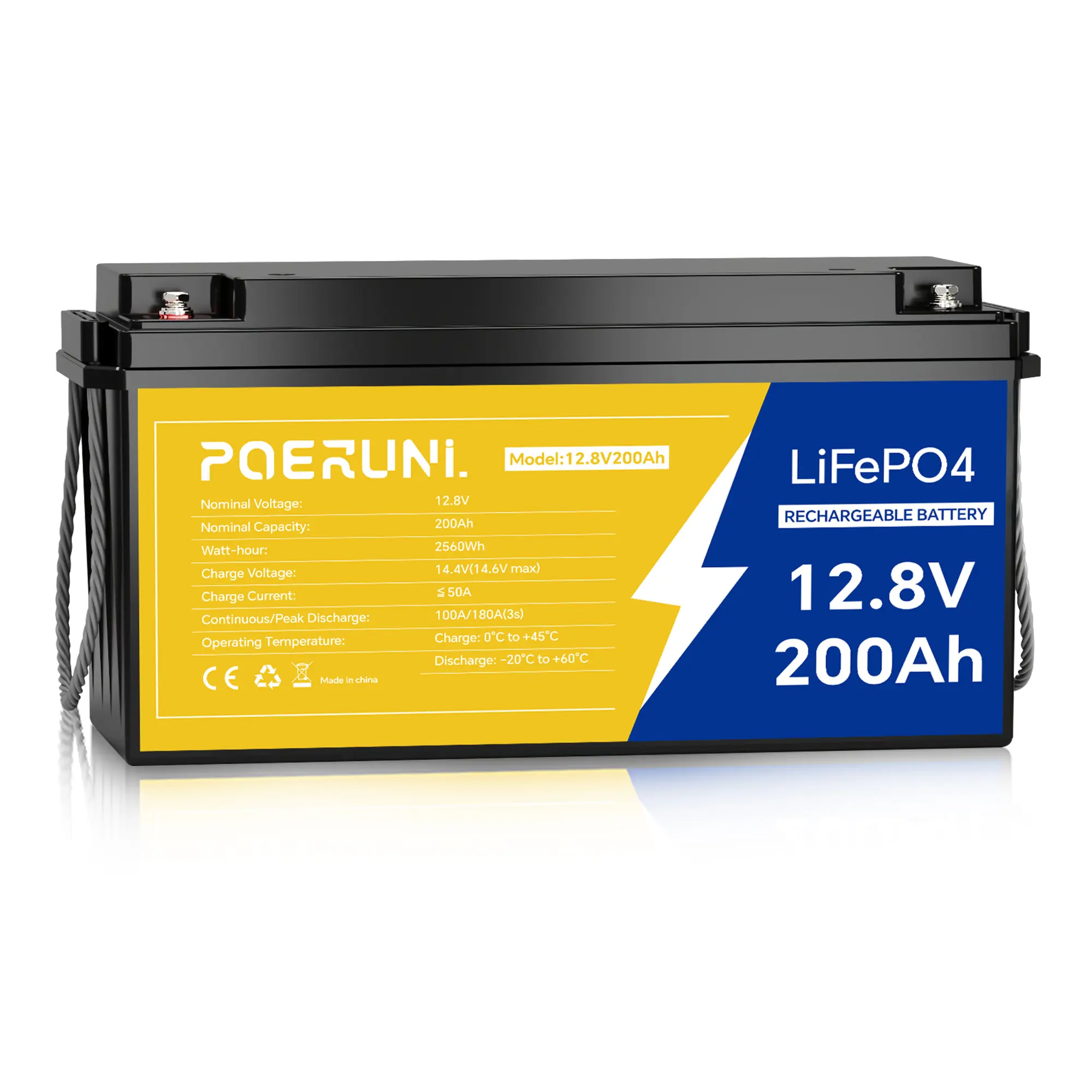 POERUNI. 12.8V 200Ah LiFePO4 Battery Grade A Cell Lithium Ion Deep Cycle High Capacity Battery with Built-In BMS, Overcharge/Discharge Protector, Lightweight Portable Design for Boat, Solar Systems, RV Portable Lithium Pack Lithium Rechargeable Battery