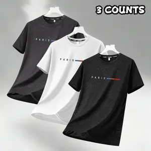3-pack men’s short-sleeve T-shirts with letter print, men’s short-sleeve graffiti pattern tees, basic summer style
