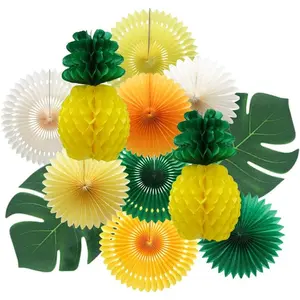 Summer Pineapple Party Decoration, Hawaiian Party Supplies Tropical Palm Leaves Honeycomb Pineapple  Paper Fans for Adults  Birthday  Shower Bachelorette (Yellow)