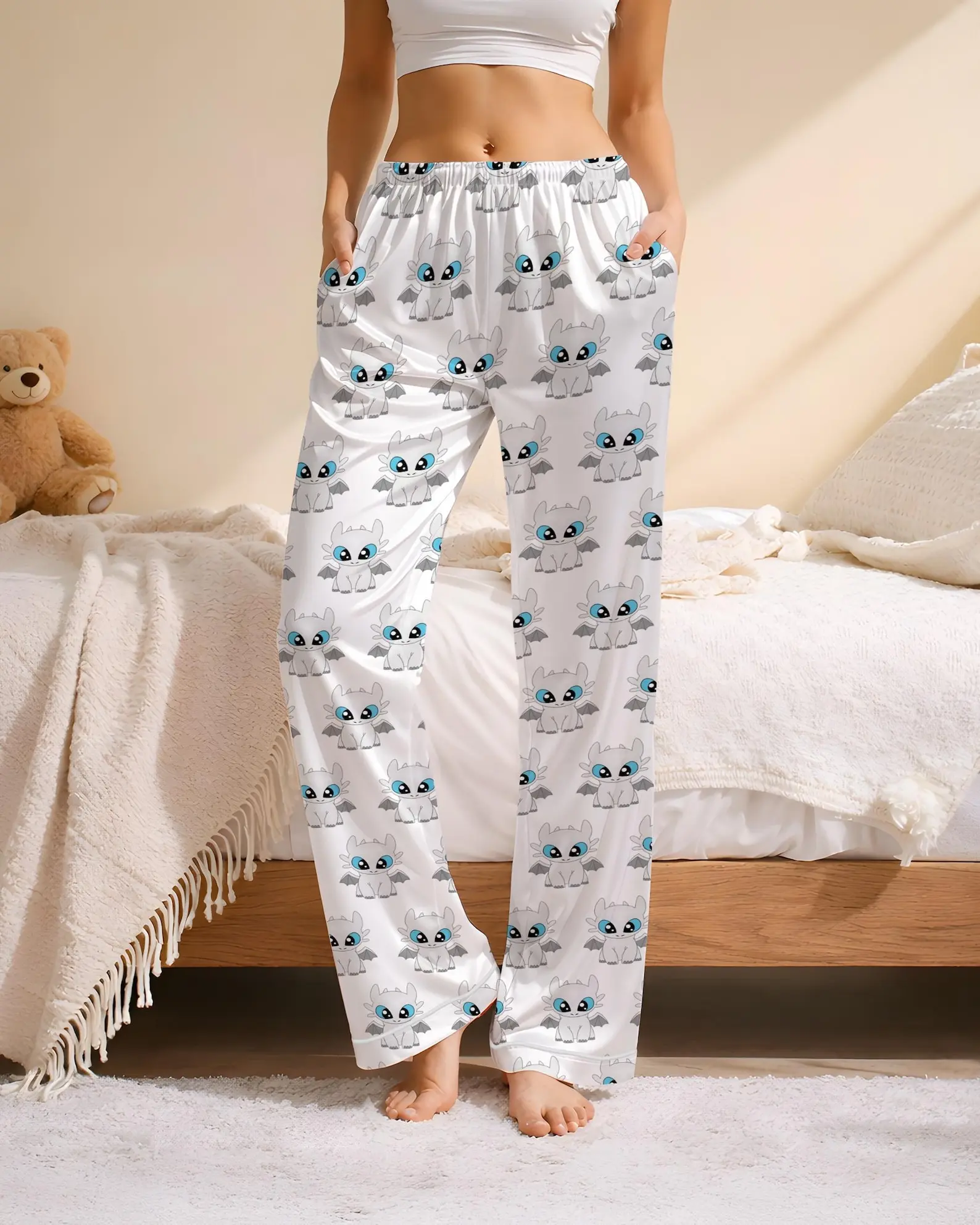 Cute Black Dragon Satin Pajama Pants, Cartoon Lounge Pants, Soft Silky Sleepwear for Men Women, Fantasy Dragon Gift