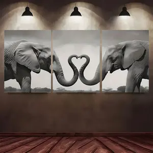 3pcs Art Deco Majestic Elephant Love Wall Art - Contemporary Americana Style Canvas Print with Wood Frame, Indoor & Outdoor Decor for Living Room, Bedroom, Home Office, Kitchen, Cafe - Fashionable Elephants Trunk Heart Design
