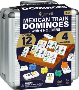 Queensell Mexican Train Domino Game Set with Numbers and 4 Domino Holders - Family Board Games Party Table Game