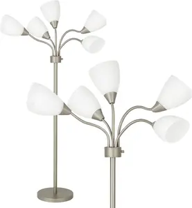 Medusa 5-Light Floor Lamp – Silver Multi-Head Standing Lamp w/ 5 Adjustable White Acrylic Shades for Bedroom, Living Room, Office, Requires E12 Candelabra-Base LED Bulbs