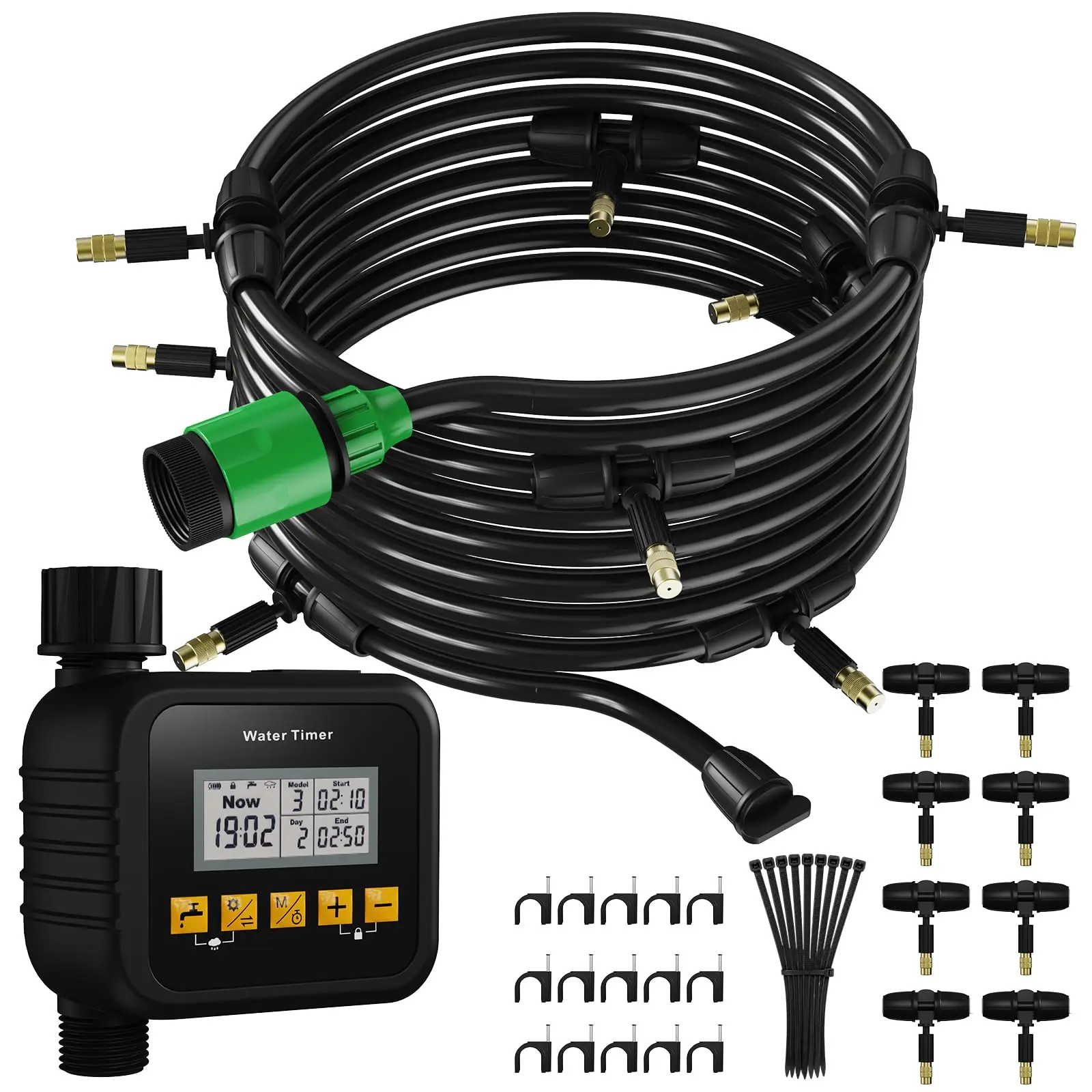 Automatic Misting System with Water Timer, Outdoor Cooling Irrigation Kit - Hose, Mist Nozzles, Connectors Included - for Chicken Coop, Greenhouse, Patio (2 AA Batteries Required, Not Included)