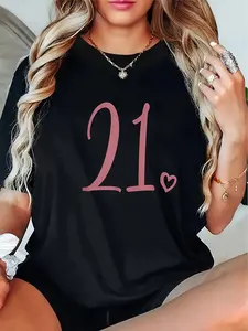 Wo 21 Number Print T-Shirt - Pink and Black Casual Short Sleeve Round Neck Top 95%/5% Spandex High-Stretch 21st Party Outfit Casual Attire and Milestone Celebration Apparel
