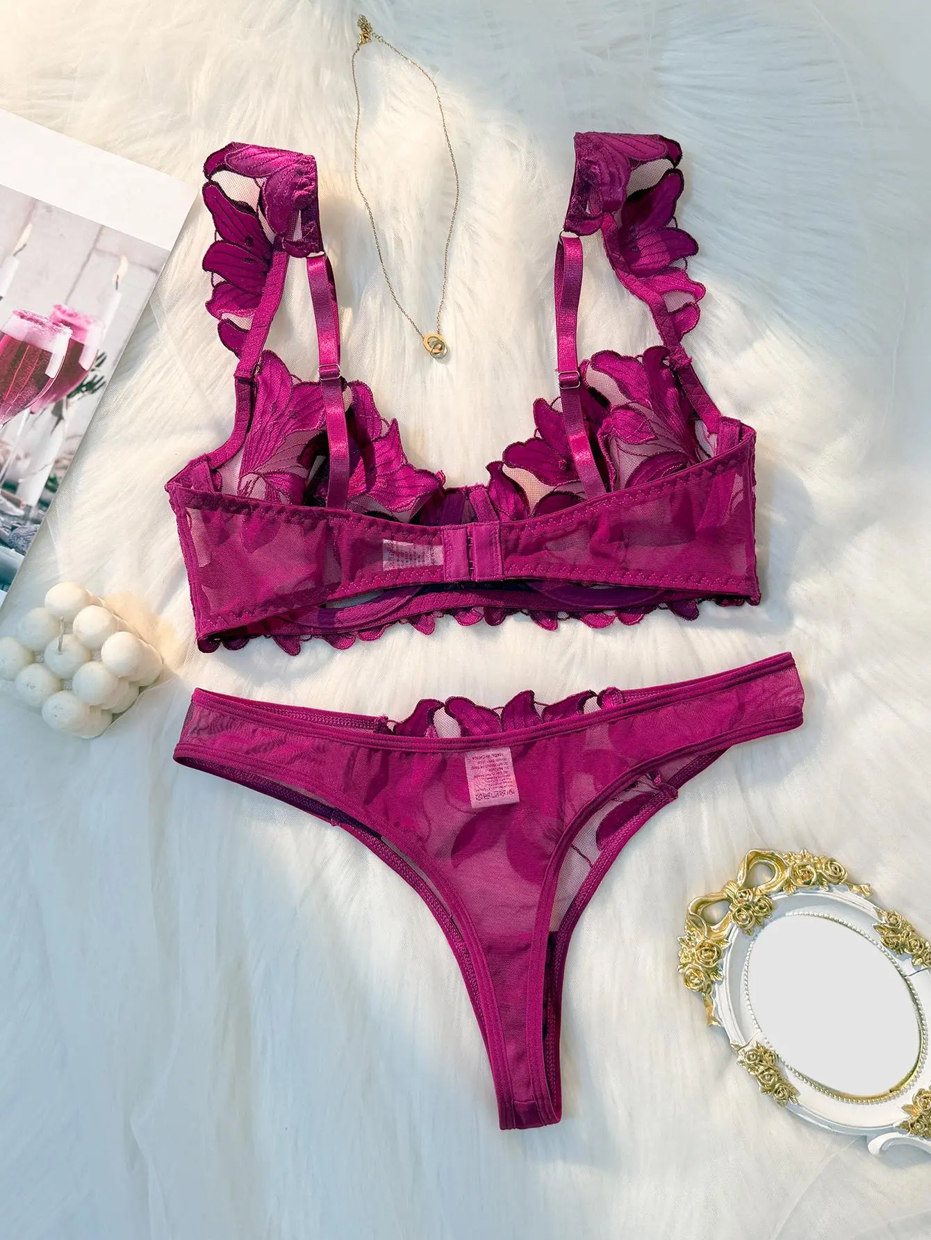 Women's Purple Coquette-Style 2-Piece Lace-Trimmed Romantic Synthetic Semi-Sheer Polyester Mesh Lingerie Set - Embroidered V-Neck Top, Hook & Bar Closure, All Seasons Wear, Black Friday Exclusive, Lace-Trimmed Underwear Sets, Romantic Underwear Sets