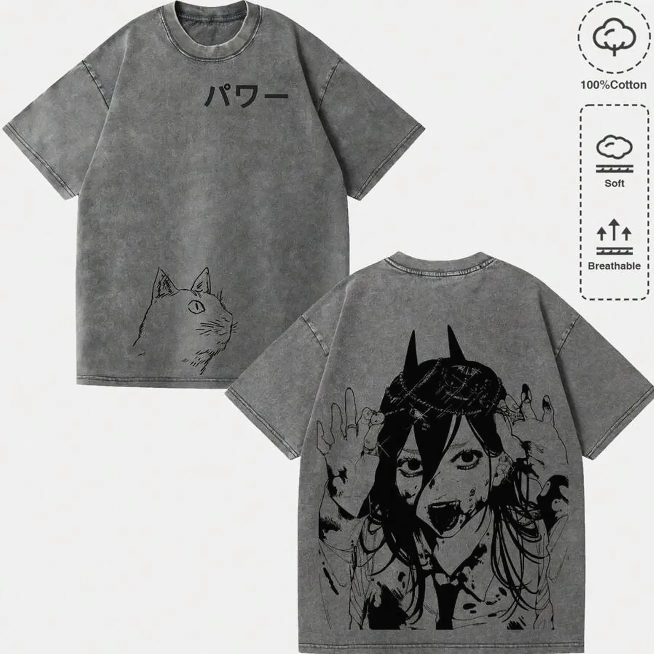 Oversized "Power" Anime Character Bold Print Washed Cotton T-Shirt 68B