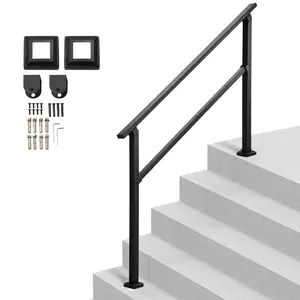 VEVOR Outdoor Handrails for Steps, 4-5 Step Stair Rail Kit, Black Square Tube with Horizontal Bar, Carbon Steel Support Rails for Seniors, Concrete & Deck Stairs, Easy Installation