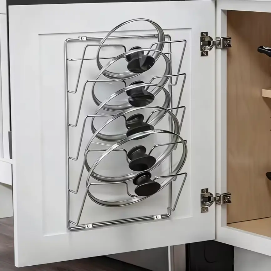 Wall-mounted multi-layer metal pot lid rack, available in 1 pack, kitchen cookware storage organizer, space-saving accessory, suitable for home and restaurant use