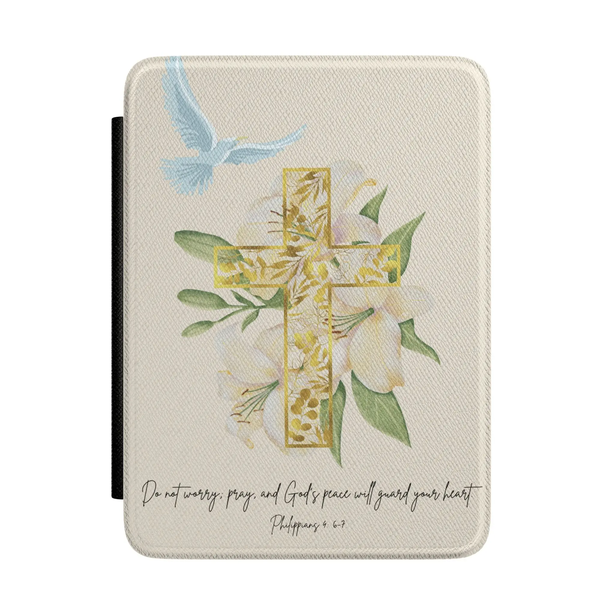 Durable Religious Kindle eReader Case - Handheld Device Cover with Golden Floral Cross, Dove, Philippians 4:6 Bible Verse, Screen Protection