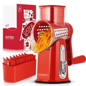 SUSTEAS Yellow Rotary Vegetable Slicer – 5 BPA-Free Stainless Steel Blades, Easy-Grip Handle & Dishwasher Safe for Effortless Prep Ergonomic Grater with Suction Base