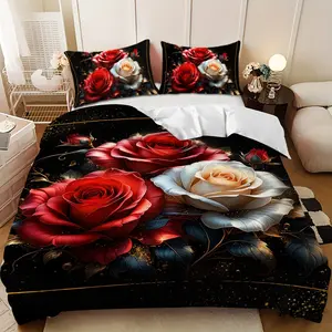 Bedding 3-piece set - 3PCS,black background with gold frame and red and white floral design, down comforter set (1 comforter cover + 2 pillowcases, filling not included). soft and comfortable, suitable for family bedrooms.