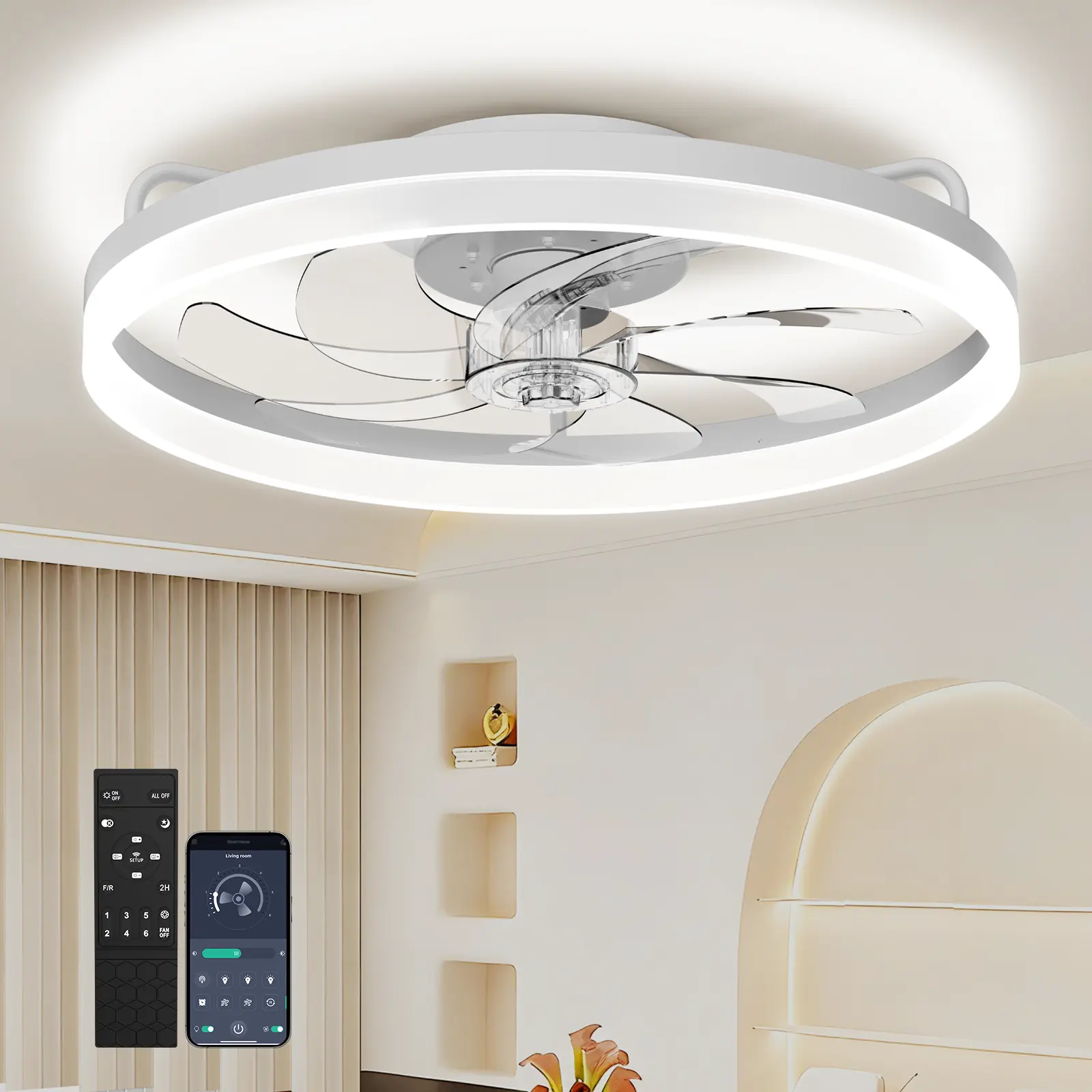 Invisible Ceiling Fan with Light & Remote, 20'' Low Profile Flush Mount Ceiling Fan, 6 Speeds, 3000-6500K Dimmable LED Fandelier, White for Bedroom Living Room