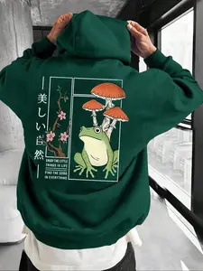 Men's Trendy Hooded Pullover Long Sleeve Sweatshirt, Fashionable Comfortable Frog Graphic Print, Casual Daily Wear, Long Fitted Style, Fall & Winter