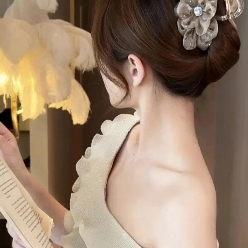 Women's Fashion Mesh Floral Hair Claw Clips Set of 3 - Sparkling Rhinestone Flower Jaw Clips, Elegant Mesh Fabric Accessories for Party Wear, Wedding Daily Use