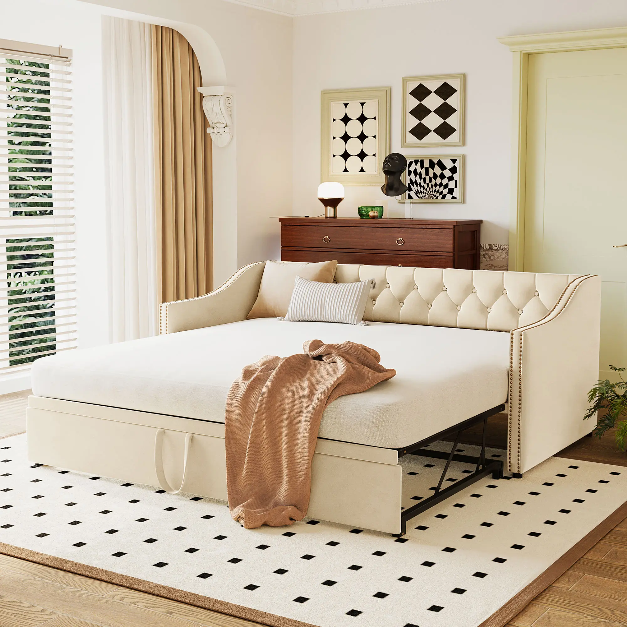Upholstered Twin Daybed with Pop-Up Trundle, Beige Velvet, Converts to Irregular King, No Box Spring Needed, 81.5"W x 81.9"D x 33.1"H