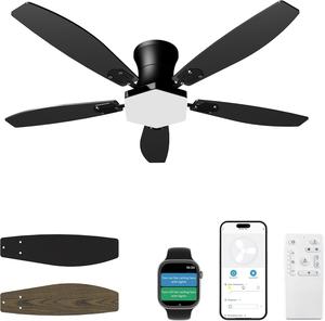 42-inch ceiling fan with lights, large-sized indoor ceiling fan with remote control, flush-mounted, reversible, 3CCT, dimmable, silent, black ceiling fan for indoor and outdoor use, black
