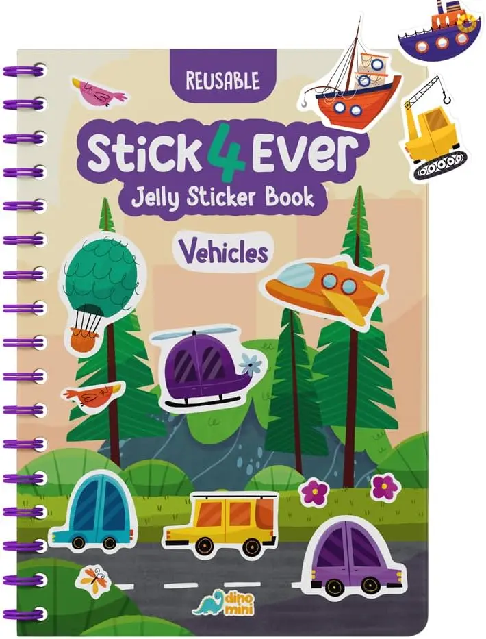 Stick4Ever Jelly Sticker Book - for Kids - Waterproof, Easy to Clean Reusable Sticker Book for Toddlers- Reusable Road Trip Activities for Kids - Stocking Stuffers for Toddlers (Vehicles)