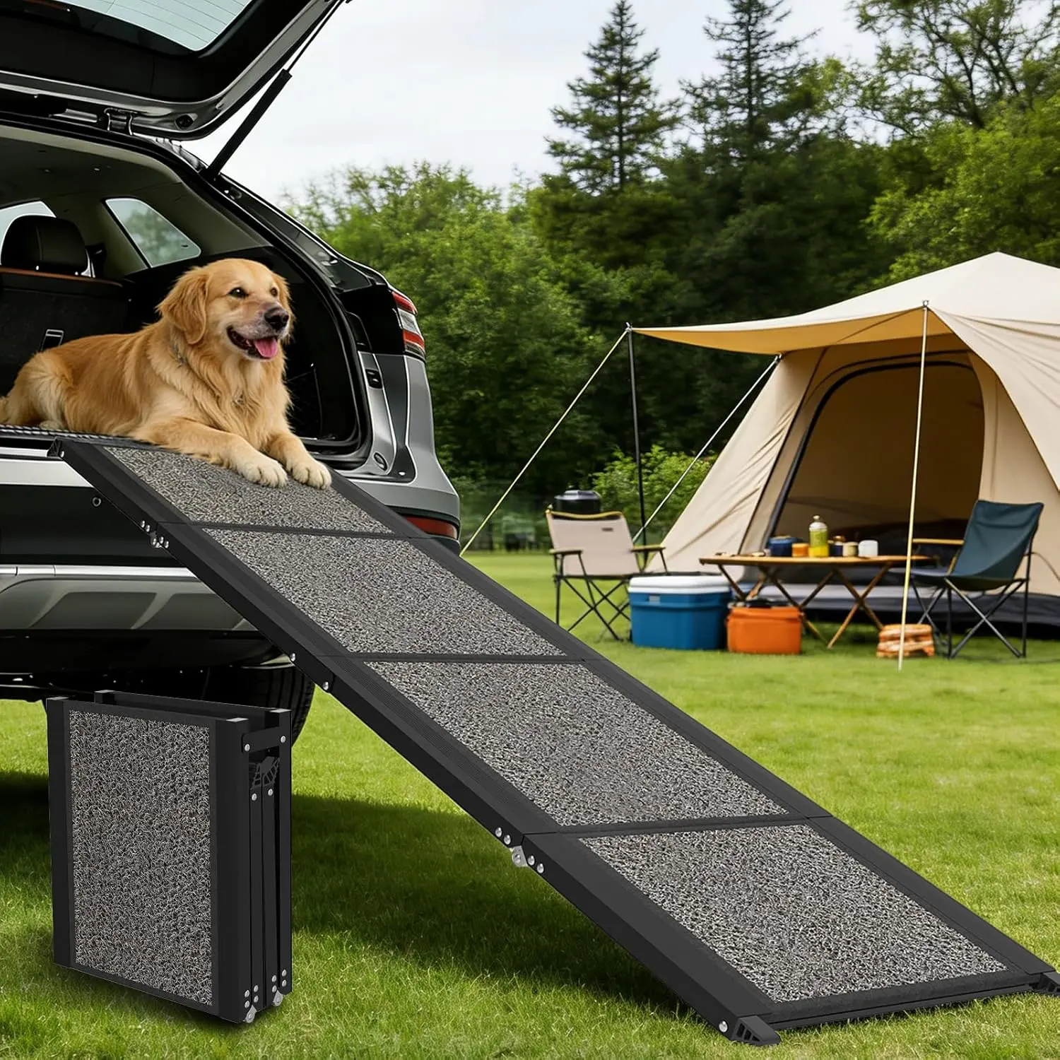 Dog Ramp for Car 63" x 17", Folding Portable Pet Ramp with Non-Slip Rug Surface, Heavy Duty Access Ramp for Large Dogs, Suitable for SUVs, Trucks