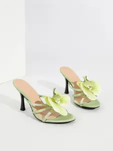 Women's Sexy Matcha Color Floral High Heels, 9cm Stiletto Pointed Toe, Medium Width, Chlorofibre Upper, Rubber Sole, Less Than Ankle